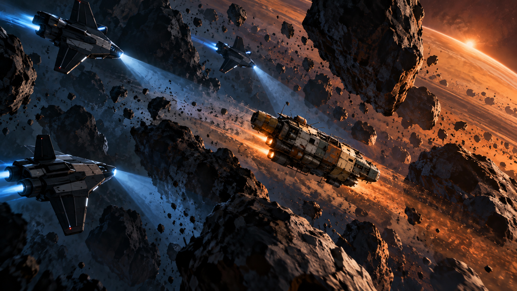 Ships weaving through a dense asteroid field above a planet