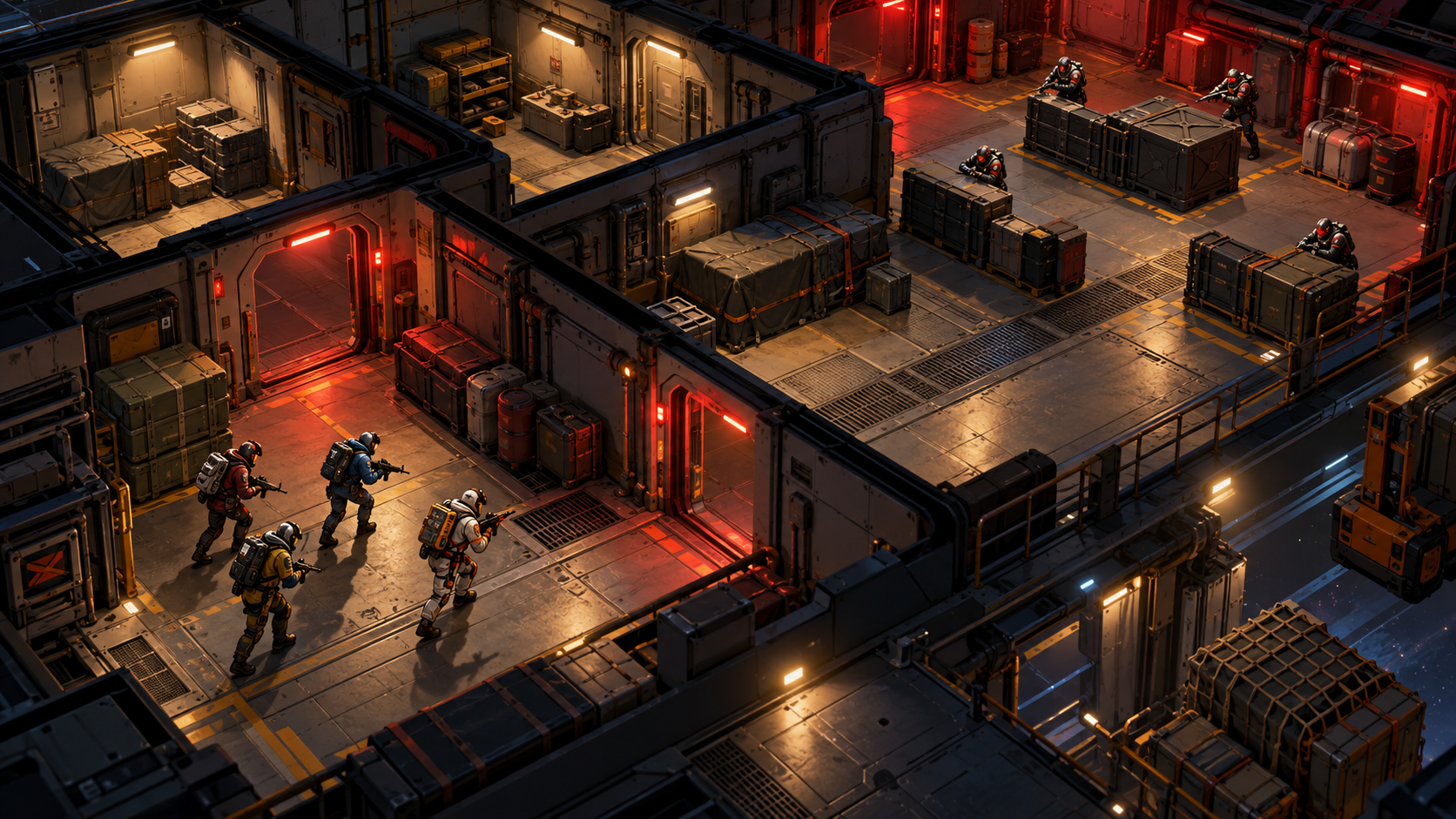 Isometric boarding concept with a crew entering cargo rooms under red emergency lights