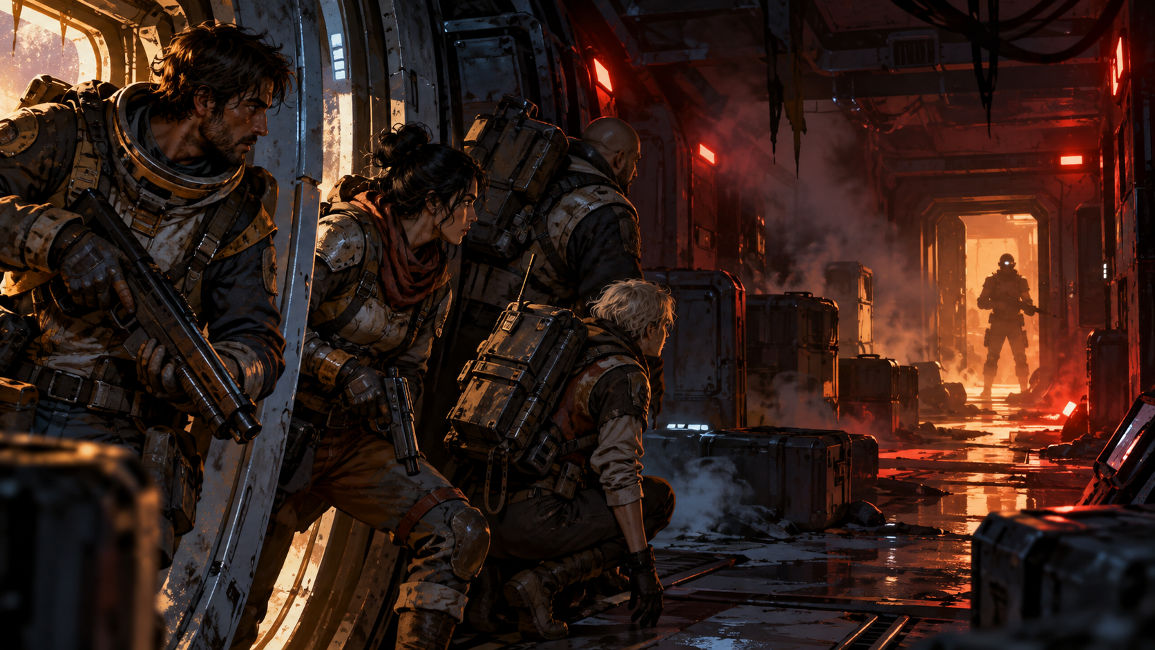 Armed crew taking cover in a burning ship corridor