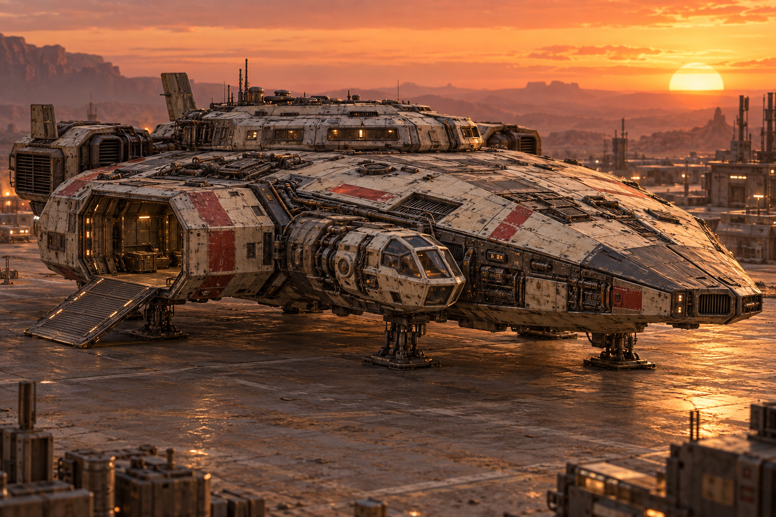 Dustwake parked at a desert port in the golden light of sunset