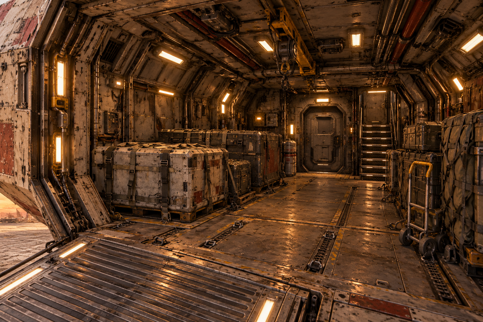 Freighter cargo hold with stacked crates and a heavy bulkhead door