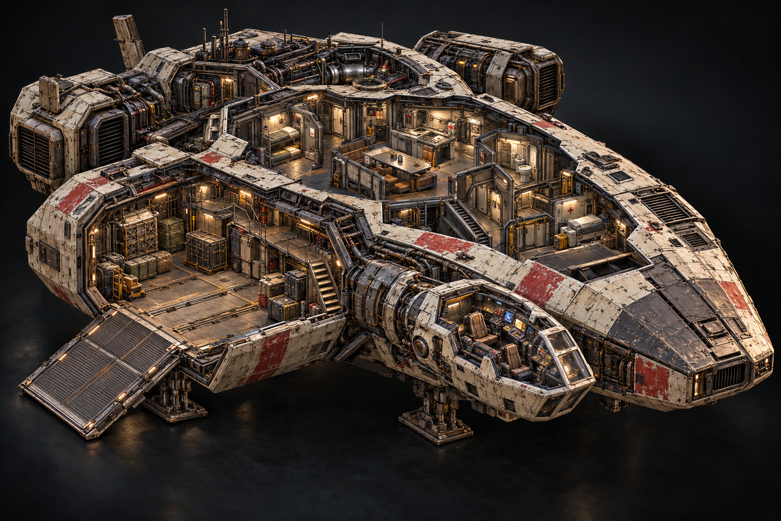 Cutaway of Dustwake showing the cockpit, crew bunks, shared mess, engineering systems and open cargo ramp