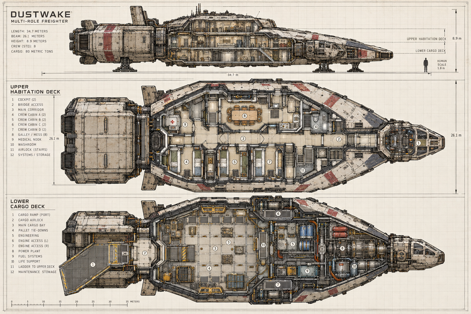 Technical drawing with Dustwake side elevation, upper habitation deck and lower cargo deck