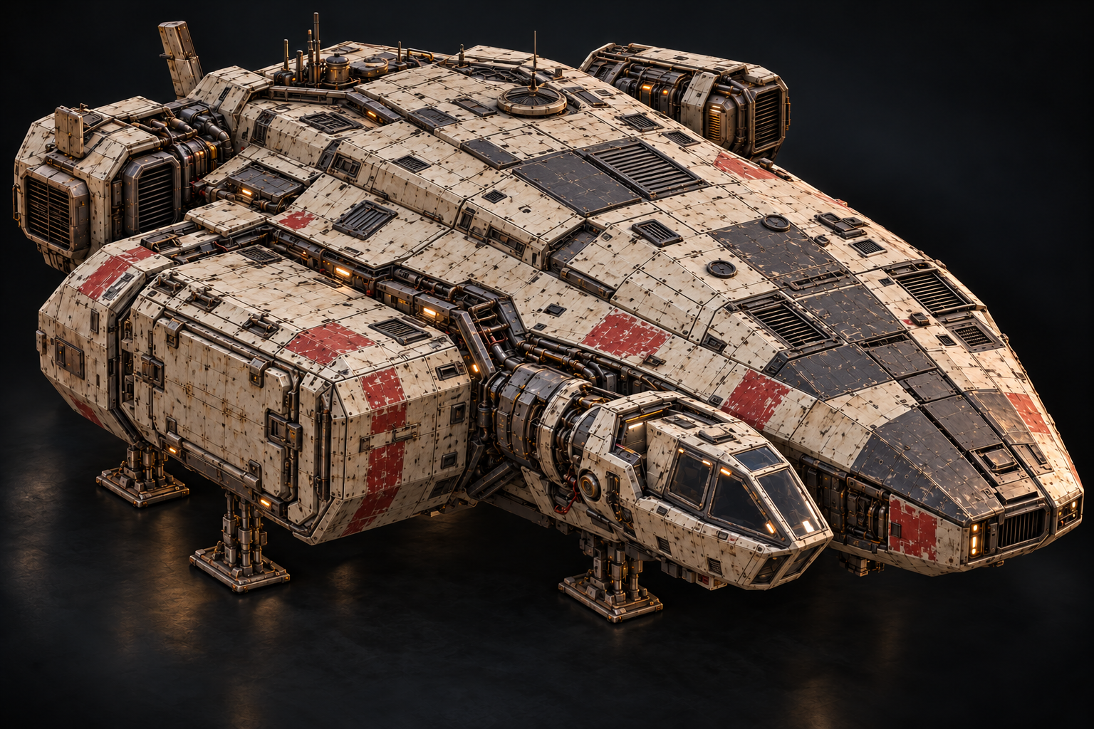 Dustwake freighter exterior with patched ivory armor, faded red stripes and twin engine pods