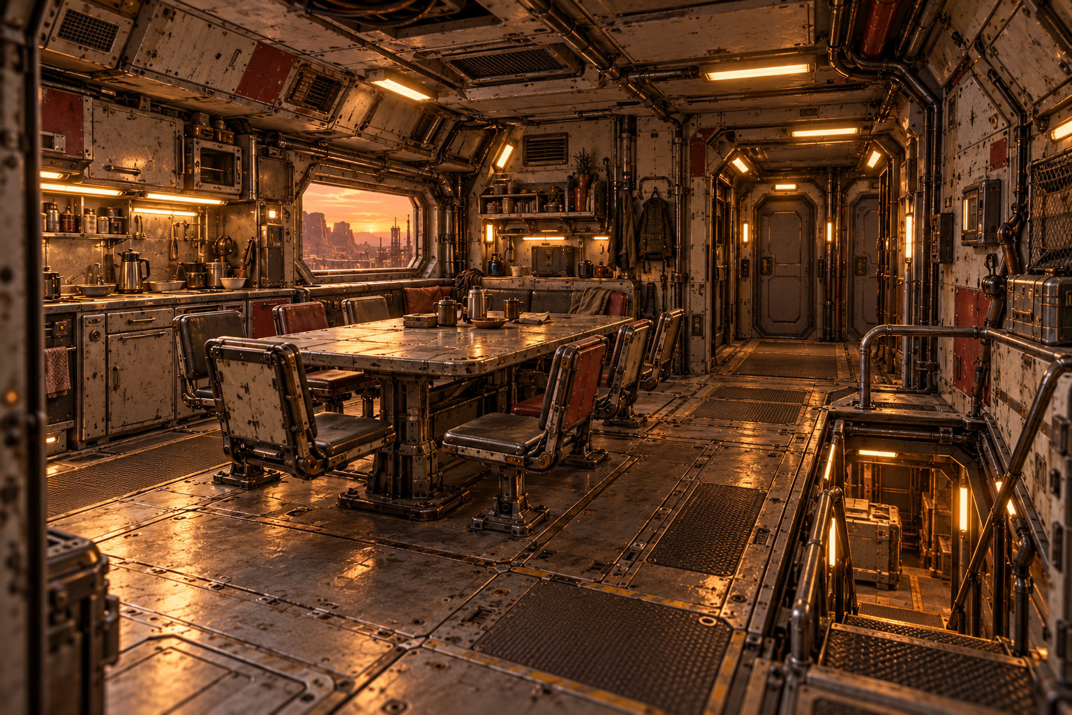 Warmly lit ship mess with a shared table and a window overlooking a desert port