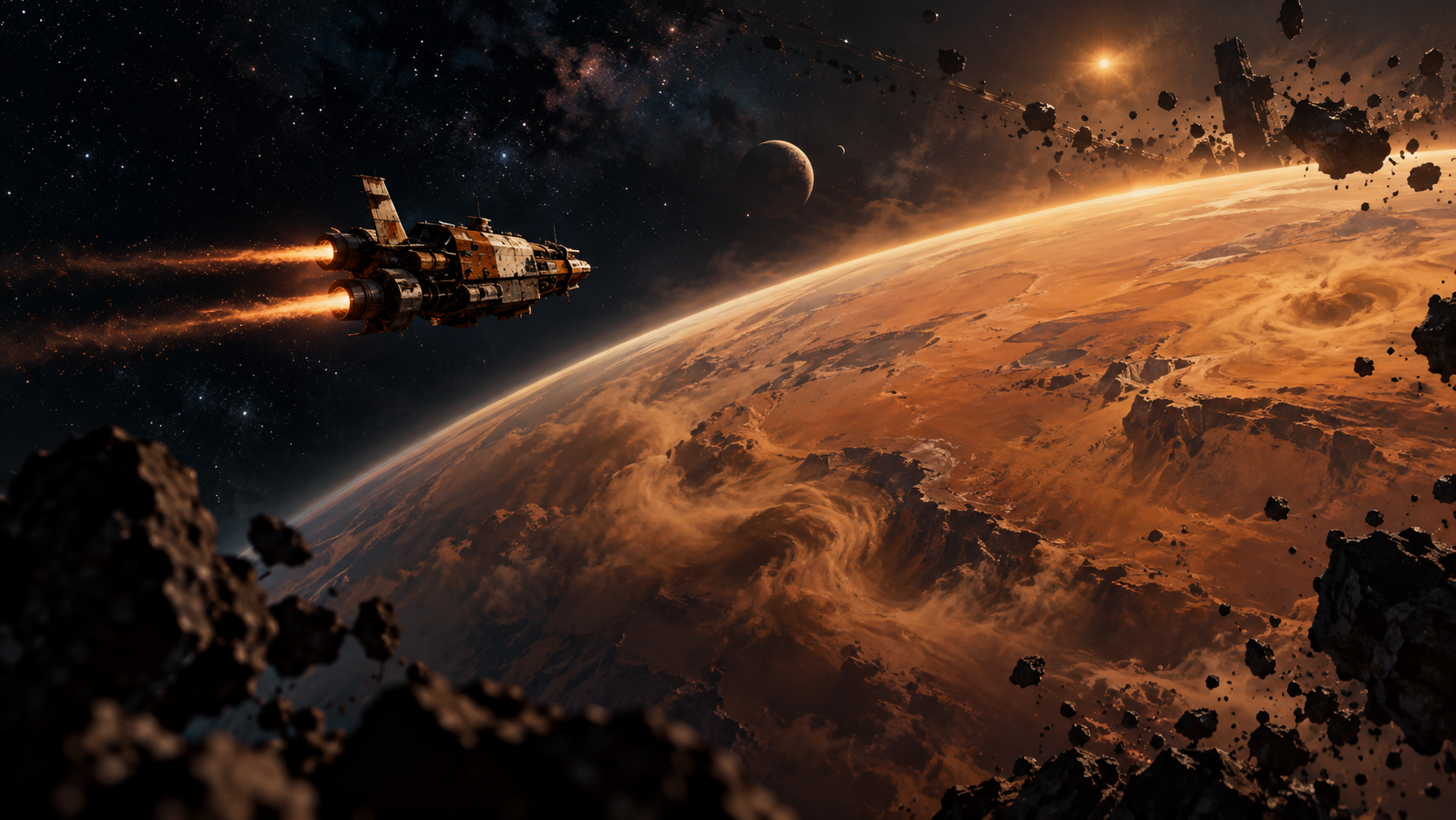 Freighter engines glowing over a golden planet and scattered asteroids