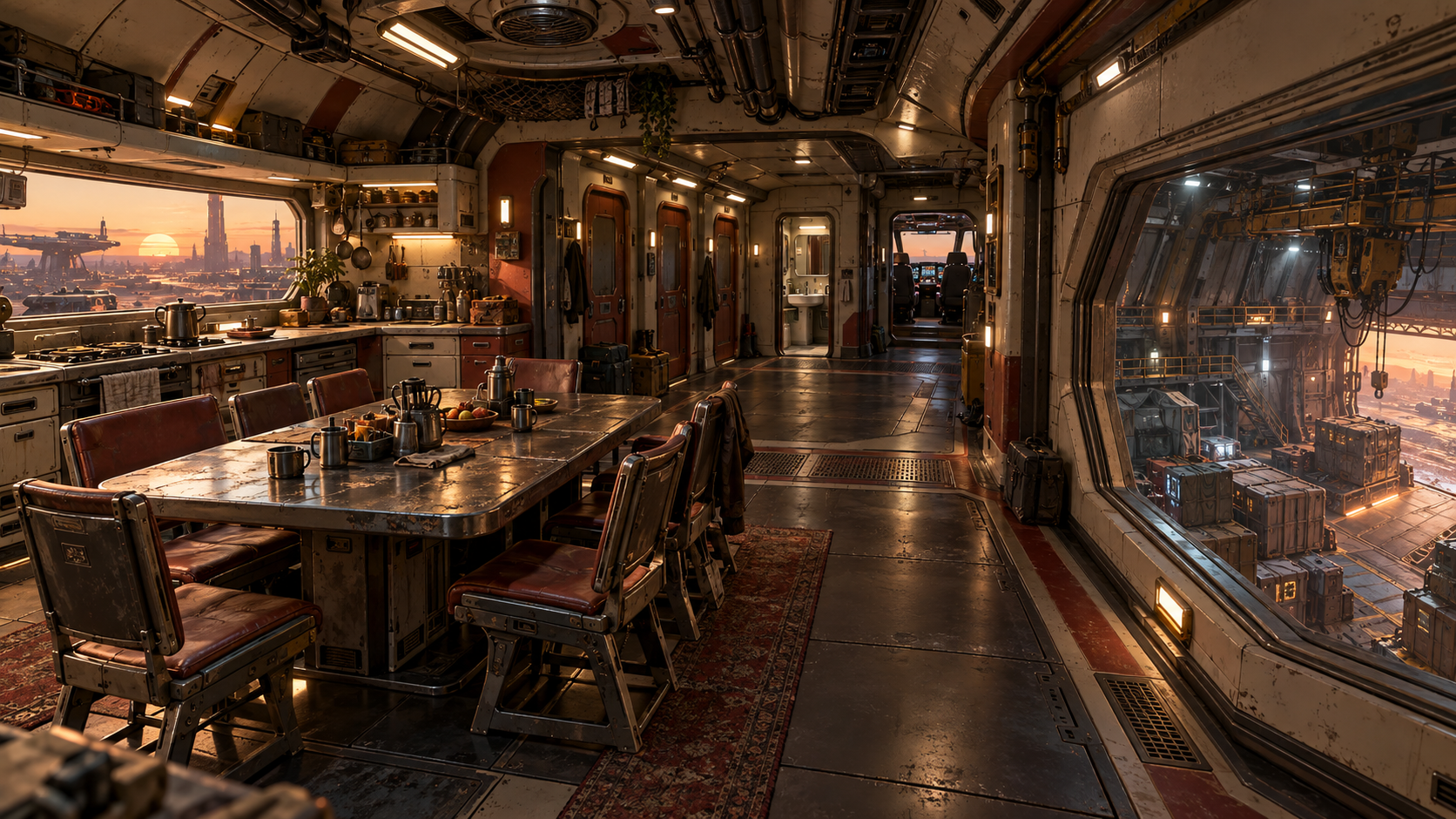 Ship lounge with a shared dining table and large windows looking into a spaceport
