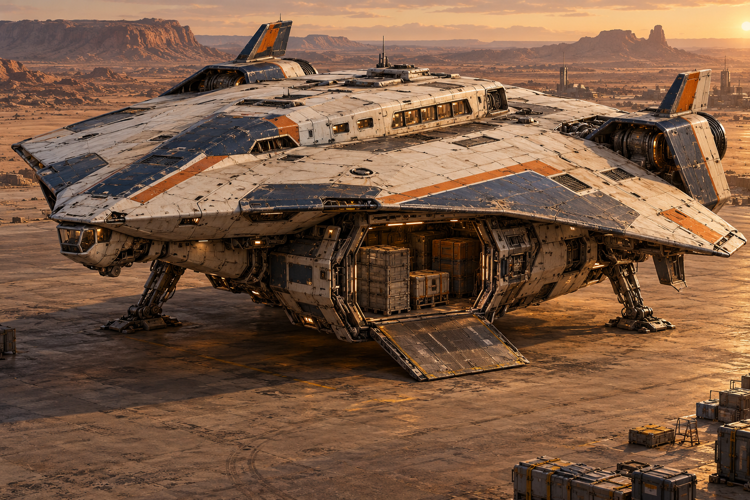 Low winged courier ship parked on a desert landing pad