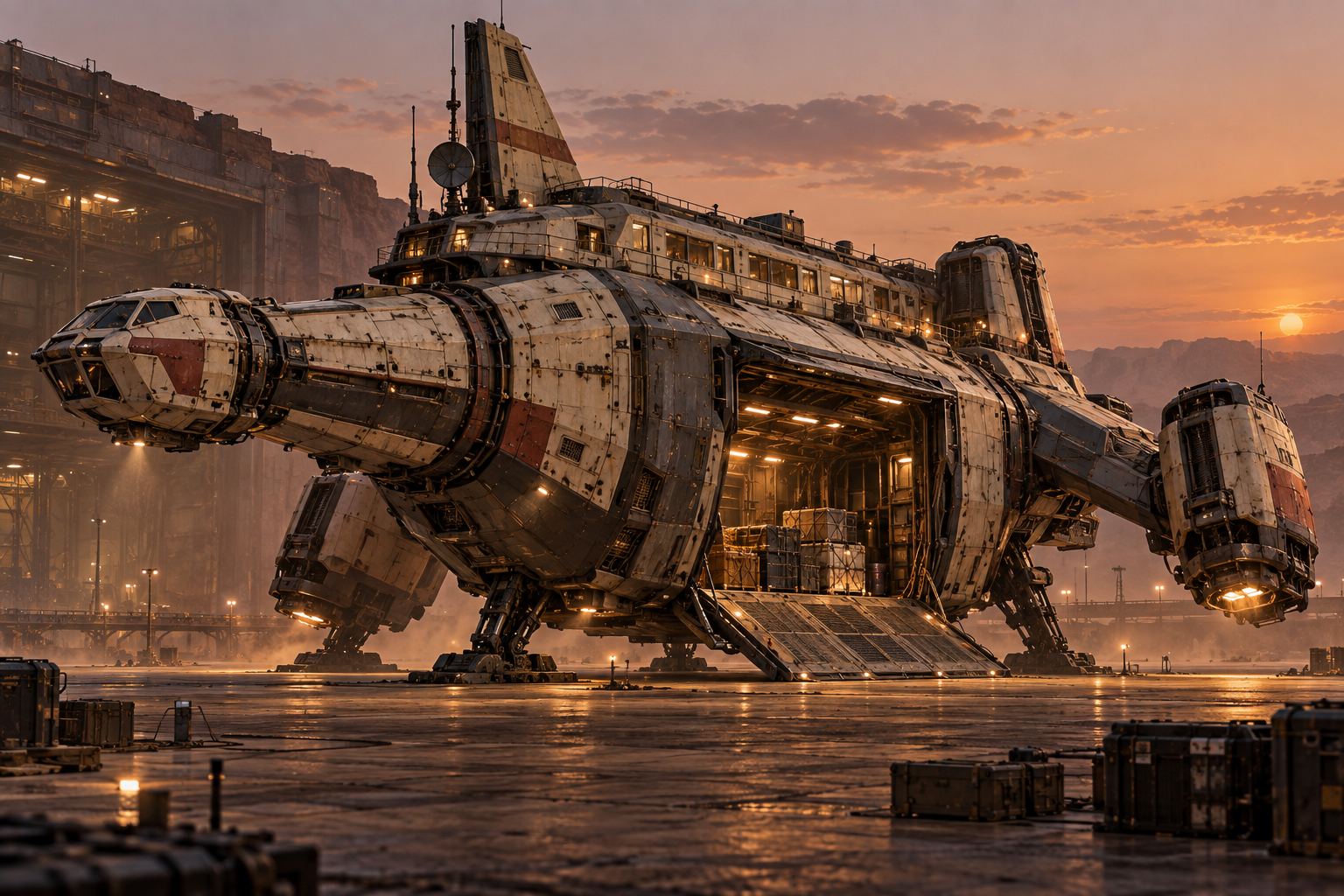 Bulky freighter with an open ramp at a dusty sunset port