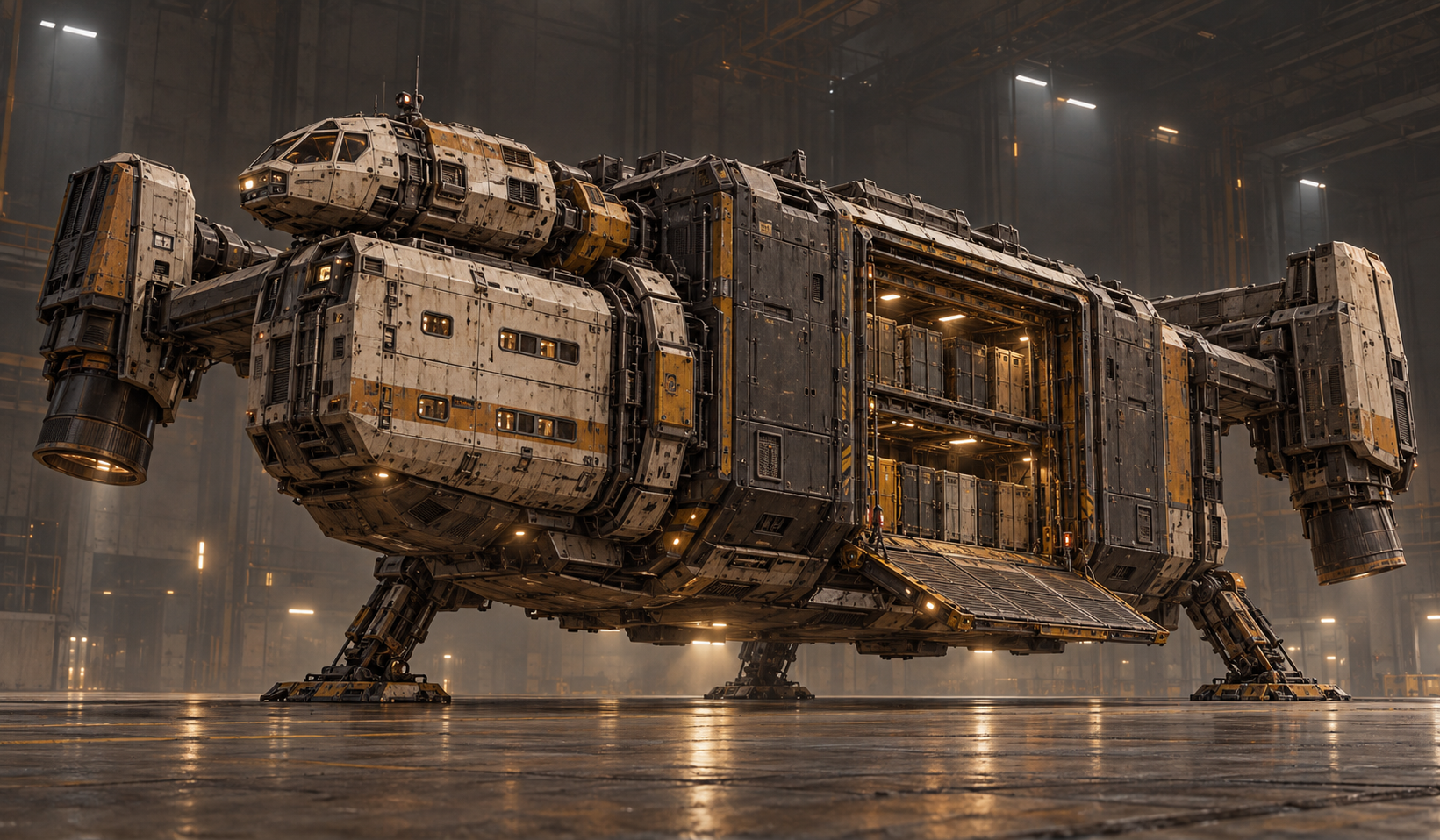 Industrial cargo hauler with exposed freight modules inside a hangar