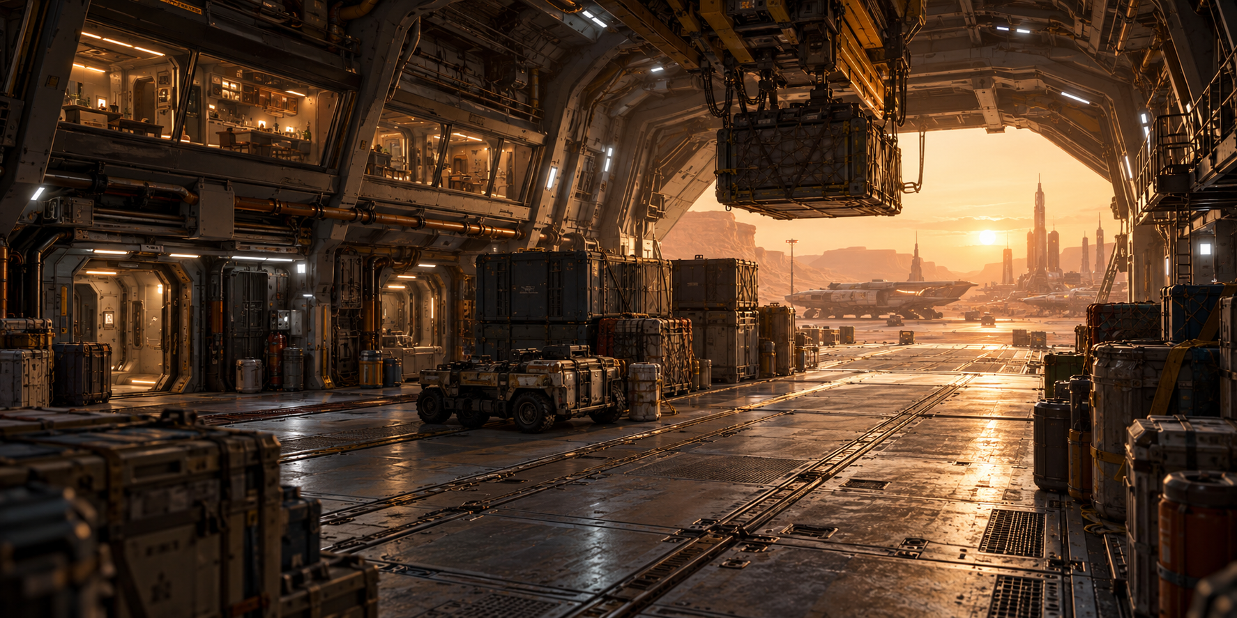 Industrial loading hangar opening onto a sunlit frontier city