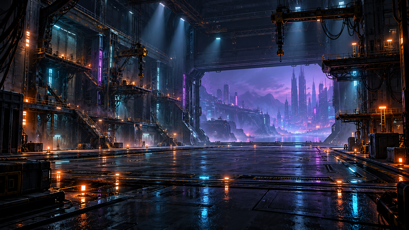 Rain soaked futuristic port glowing with blue and violet light