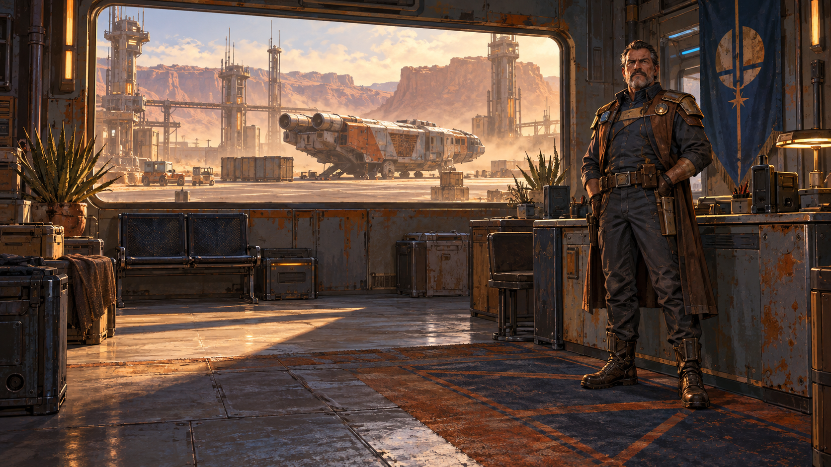 A waiting contact overlooking a desert spaceport with Dustwake on the landing pad