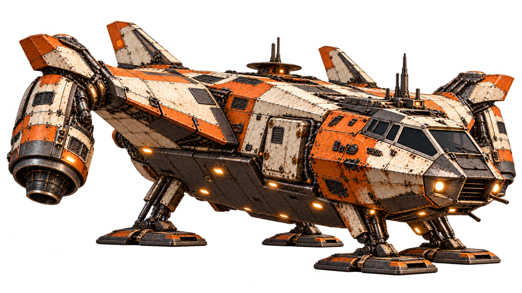 Orange and ivory utility shuttle with rugged landing gear