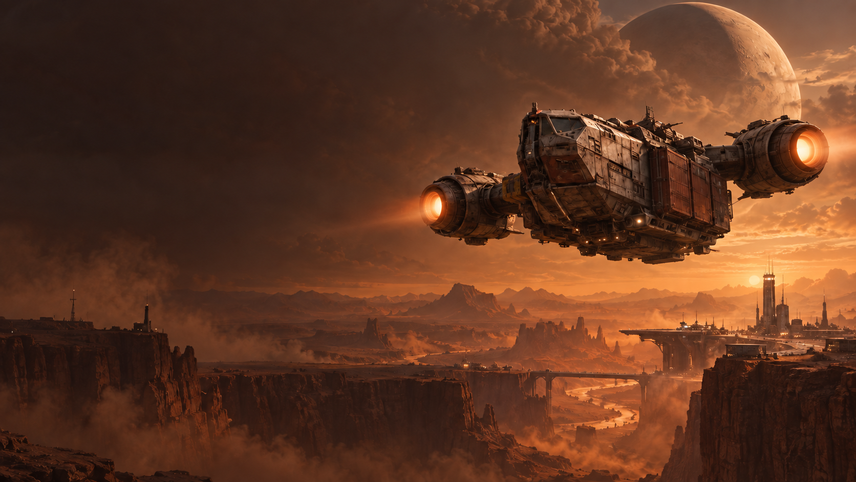 The freighter Dustwake flying over a desert spaceport