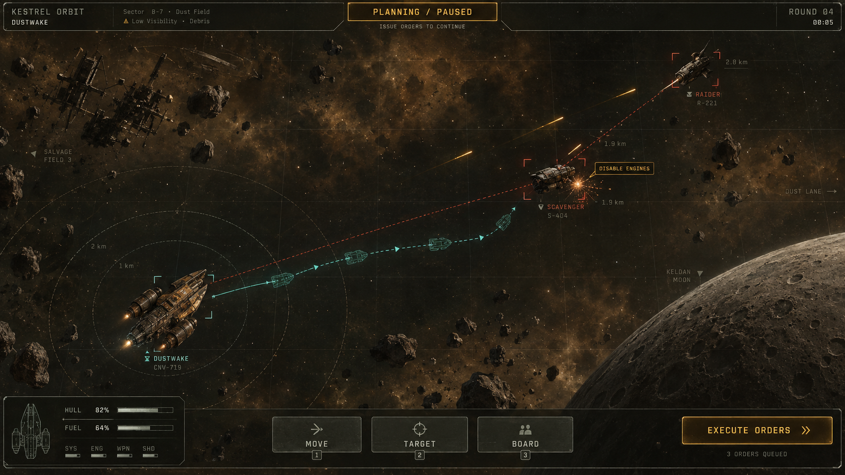Space combat concept with planned flight paths, enemy targets and five-second turn controls